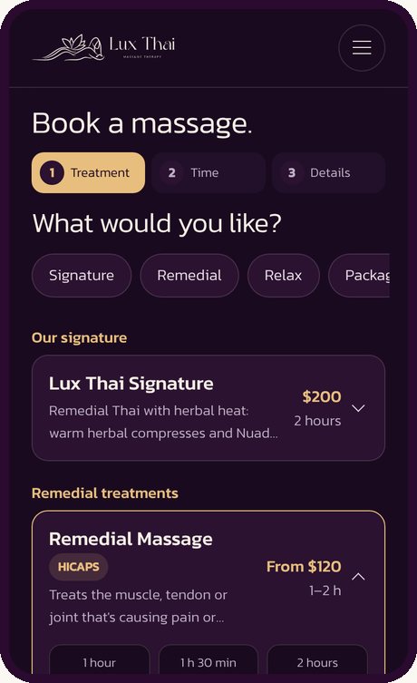 The booking page with Remedial Massage open, showing 1 hour, 1 hour 30 minutes and 2 hours